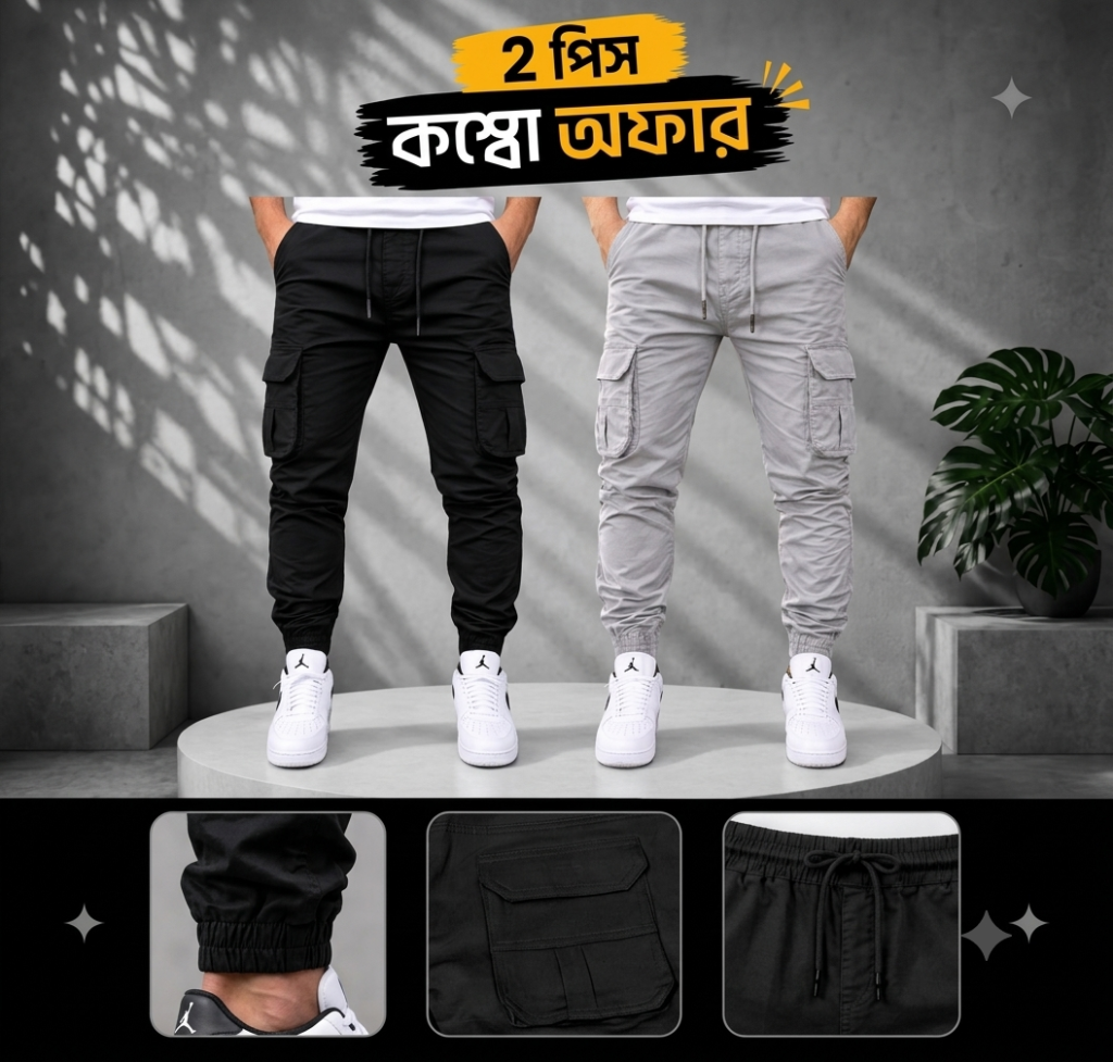 ২ পিস ৬ পকেট কার্গো জর্গাস প্যান্ট Black+Lite Ash