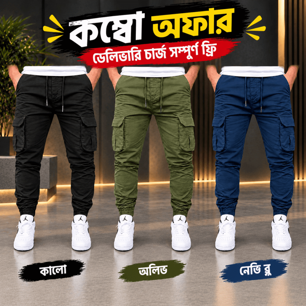 ৩ পিস ৬ পকেট কার্গো জর্গাস প্যান্ট Black, Olive, Novy blue
