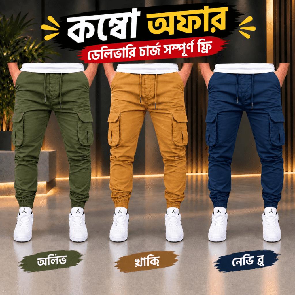 ৩ পিস ৬ পকেট কার্গো জর্গাস প্যান্ট Khaki, Olive, Novy blue